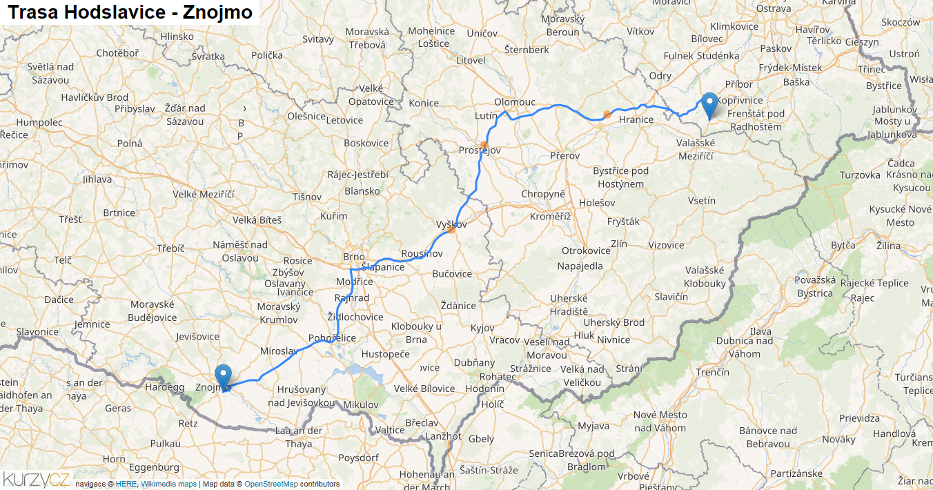 Hodslavice-Znojmo, mapa trasy