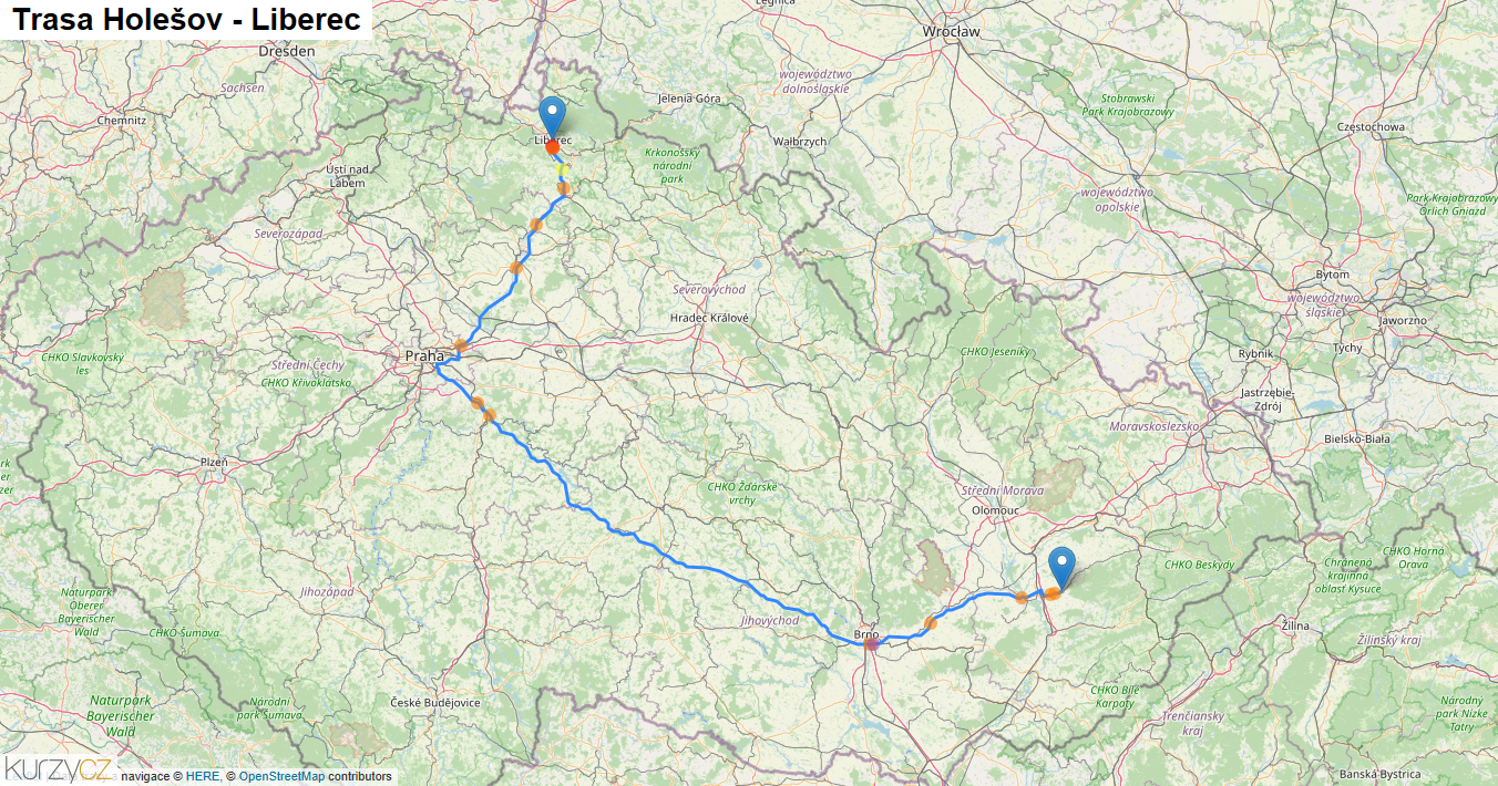 Holešov-Liberec, mapa trasy