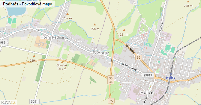 Podhráz - záplavové mapy stoleté vody