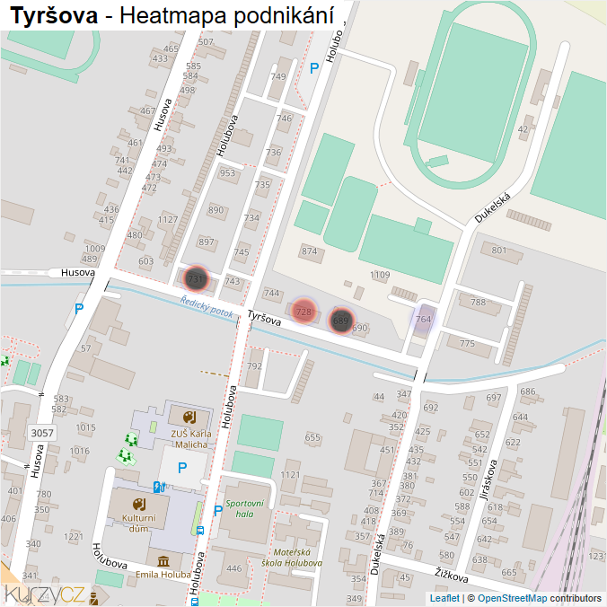 Mapa Tyršova - Firmy v ulici.