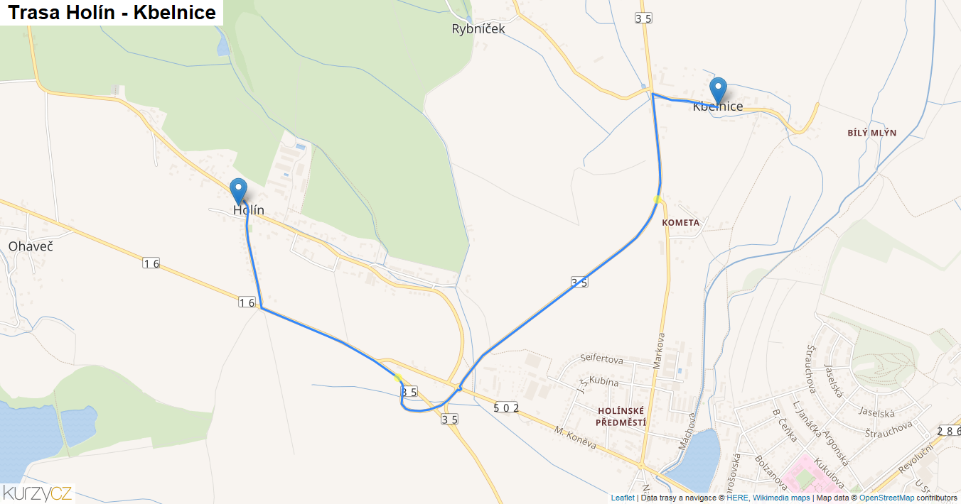 Holín-Kbelnice, mapa trasy