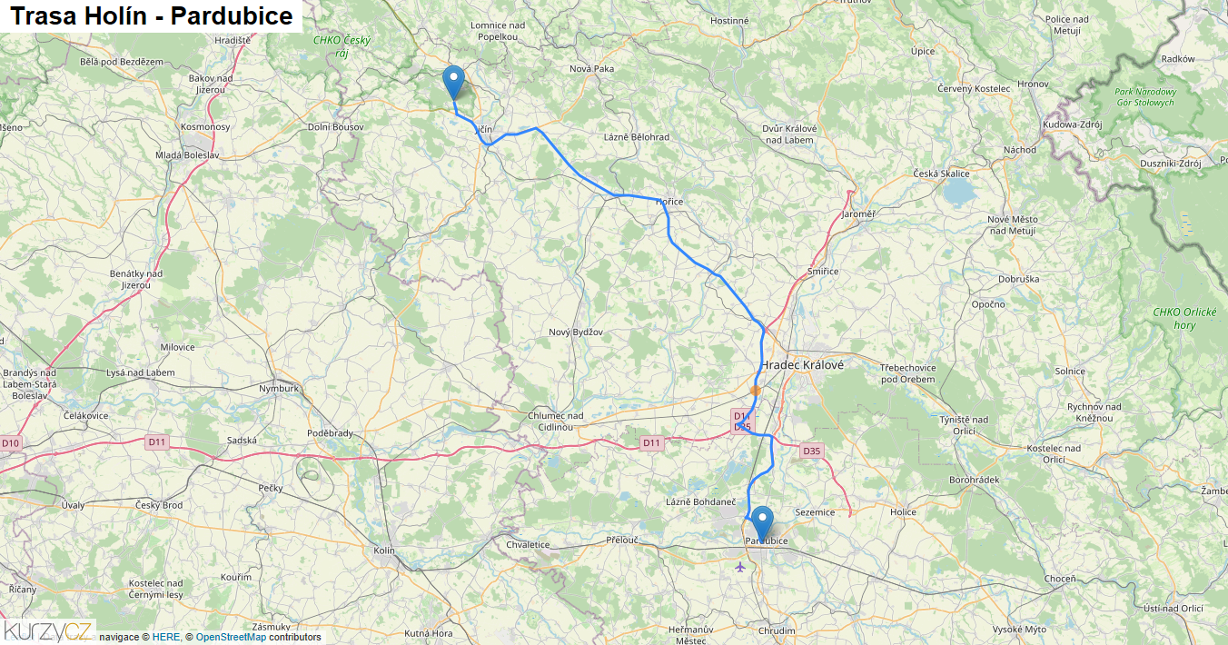 Holín-Pardubice, mapa trasy