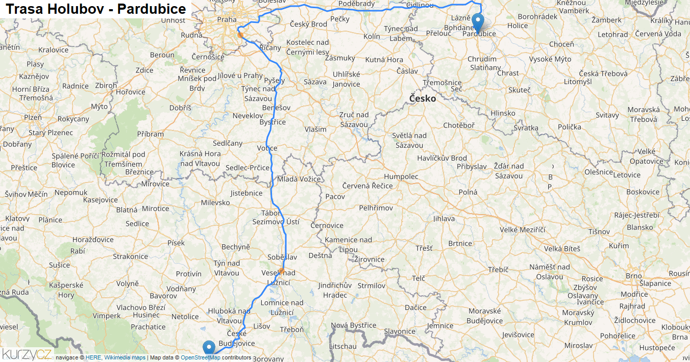 Holubov-Pardubice, mapa trasy