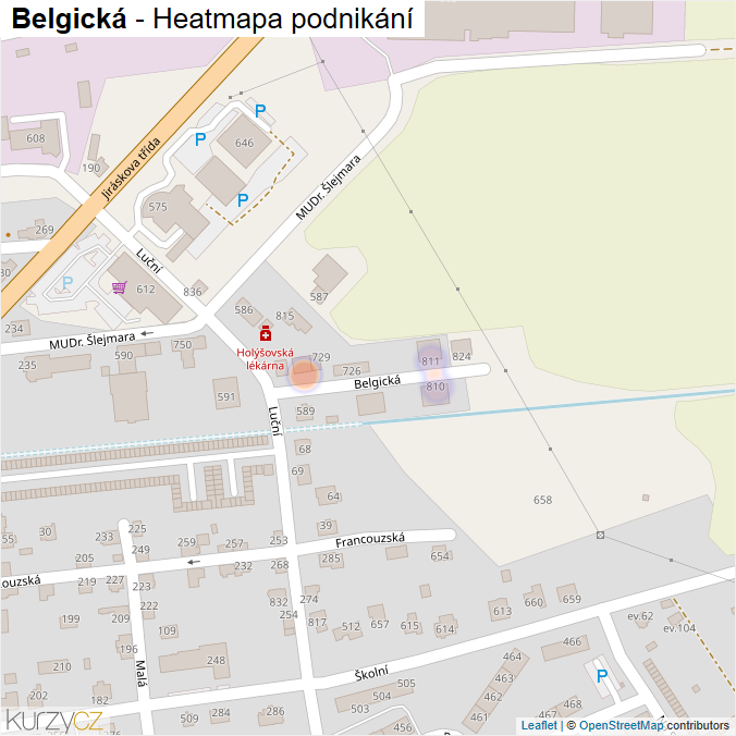 Mapa Belgická - Firmy v ulici.