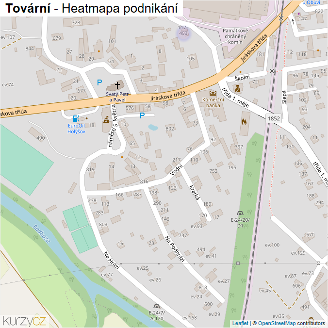 Mapa Tovární - Firmy v ulici.
