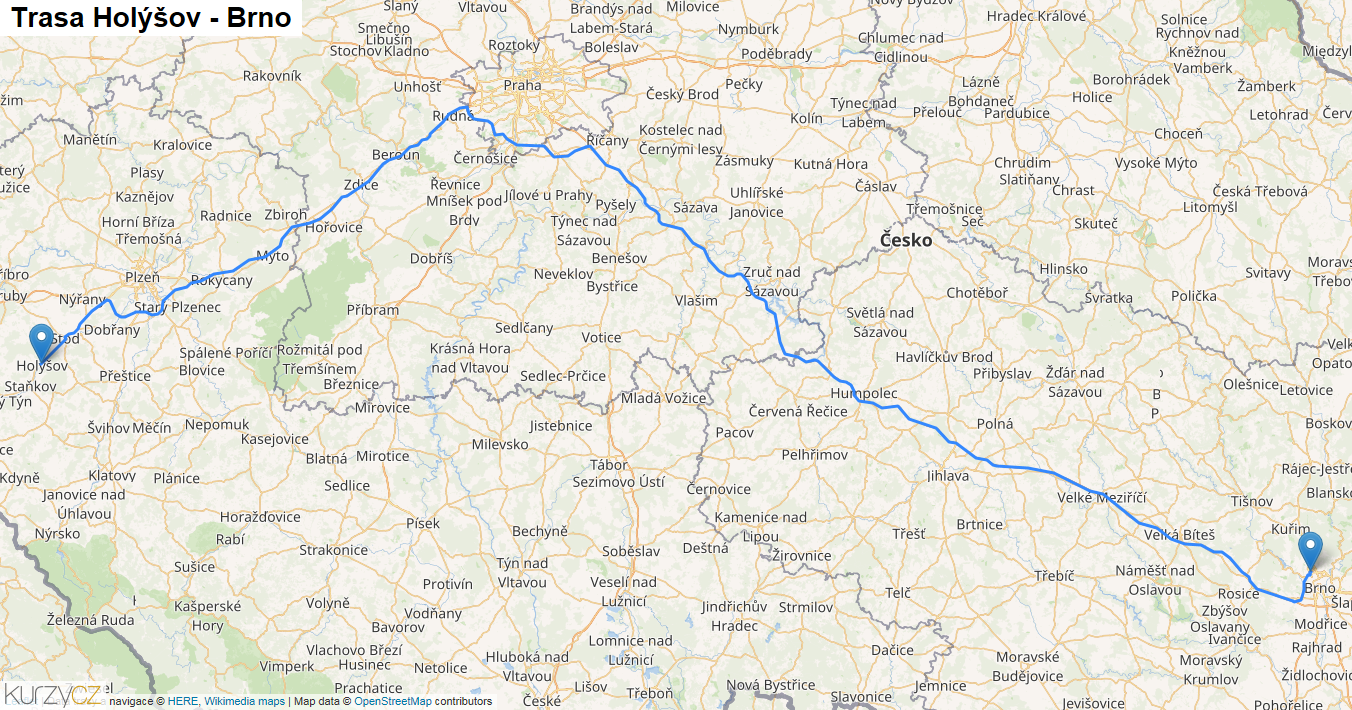 Holýšov-Brno, mapa trasy