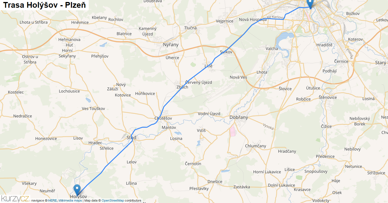 Holýšov-Plzeň, mapa trasy