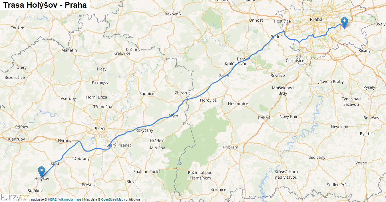 Holýšov-Praha, mapa trasy