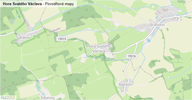 Hora Svatého Václava - záplavové mapy stoleté vody