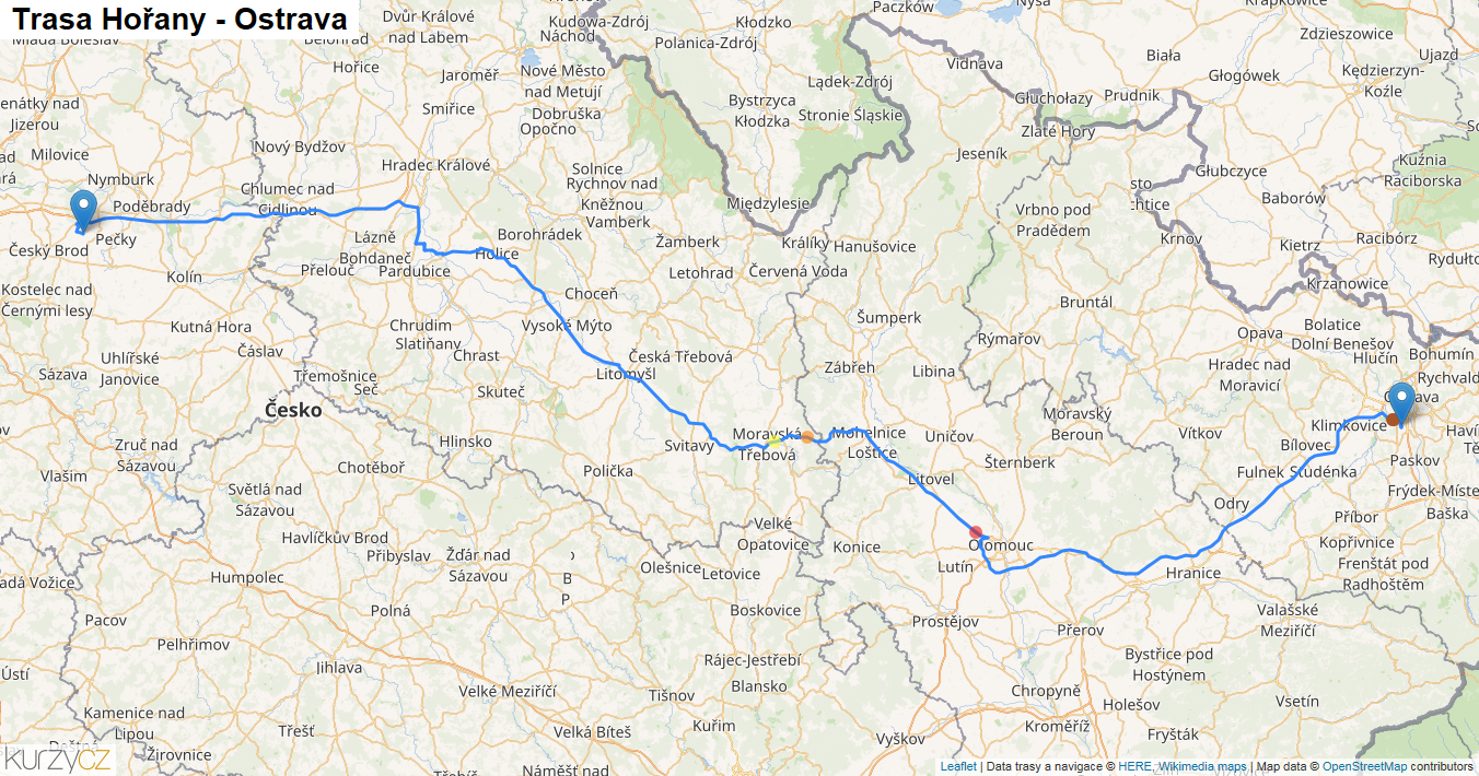 Hořany-Ostrava, mapa trasy