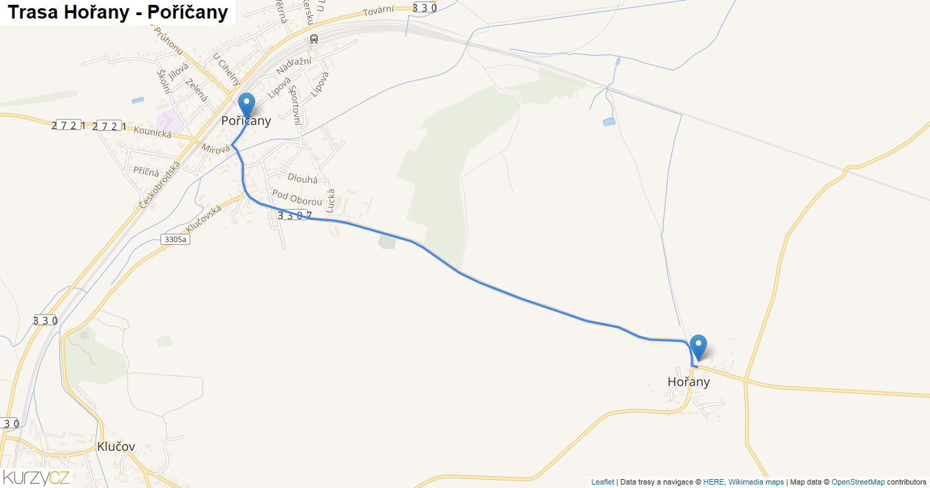Hořany-Poříčany, mapa trasy