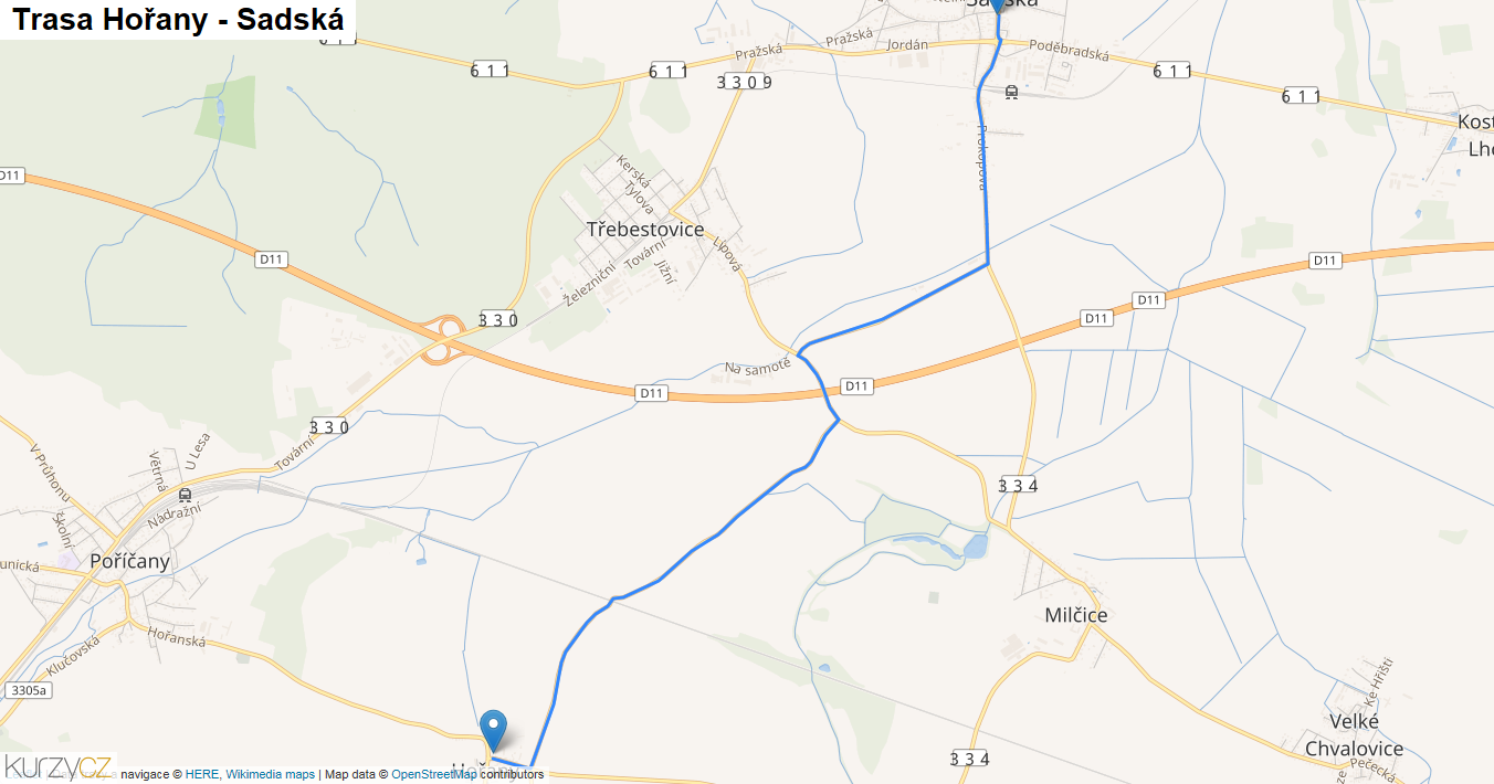 Hořany-Sadská, mapa trasy