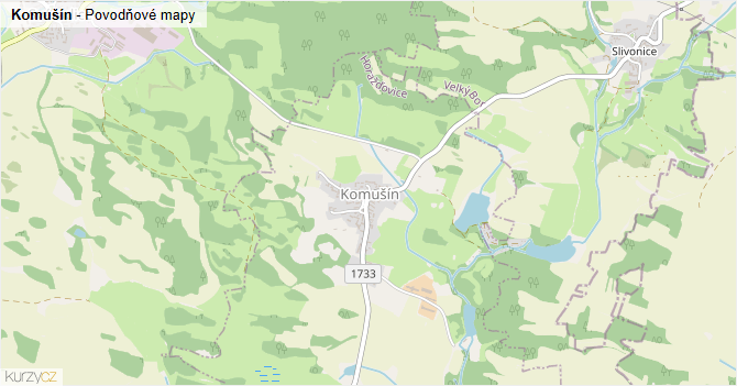 Komušín - záplavové mapy stoleté vody