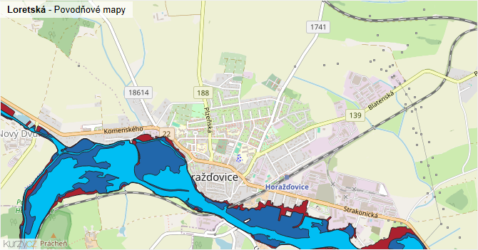 Loretská - záplavové mapy stoleté vody