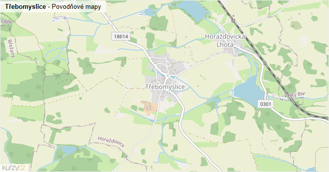 Třebomyslice - záplavové mapy stoleté vody
