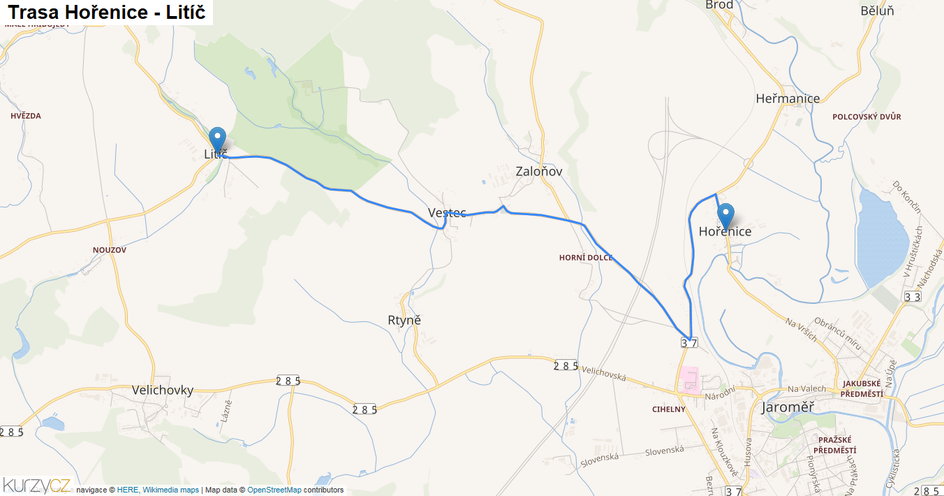 Hořenice-Litíč, mapa trasy