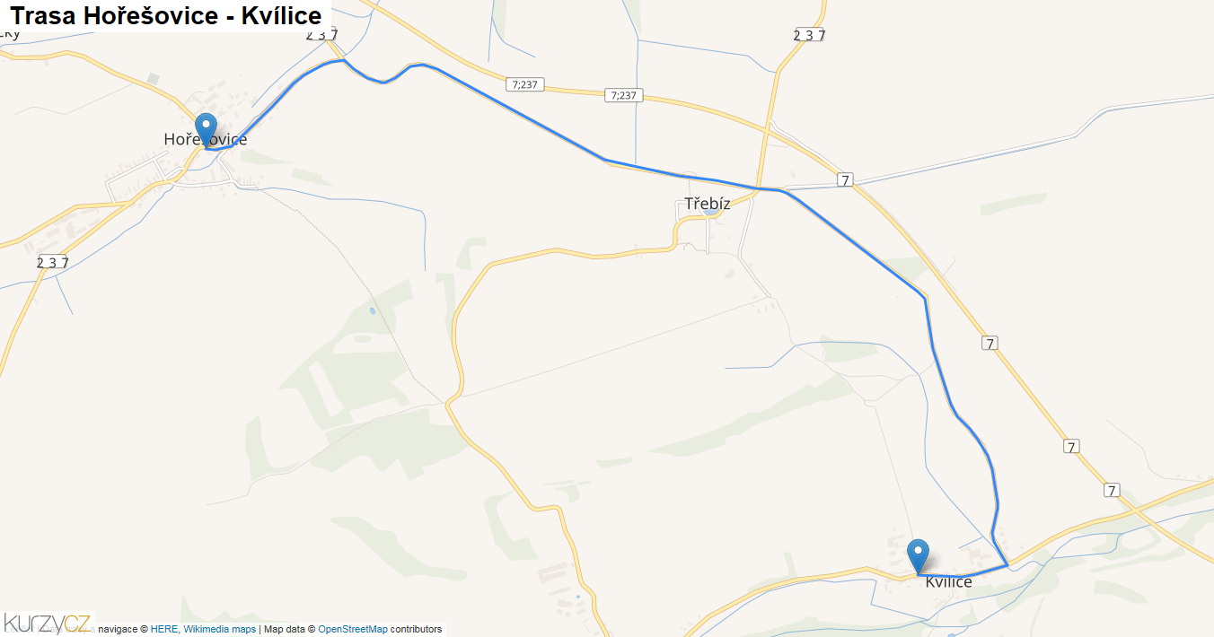 Hořešovice-Kvílice, mapa trasy