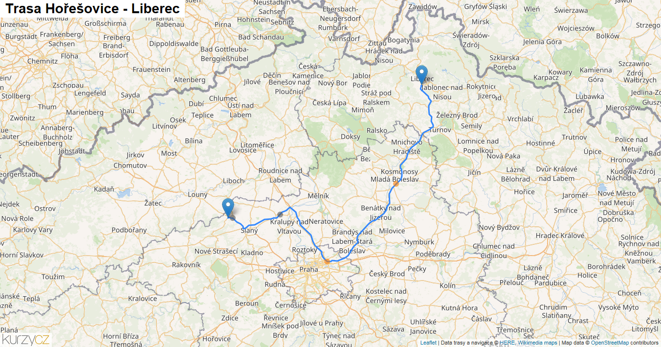 Hořešovice-Liberec, mapa trasy