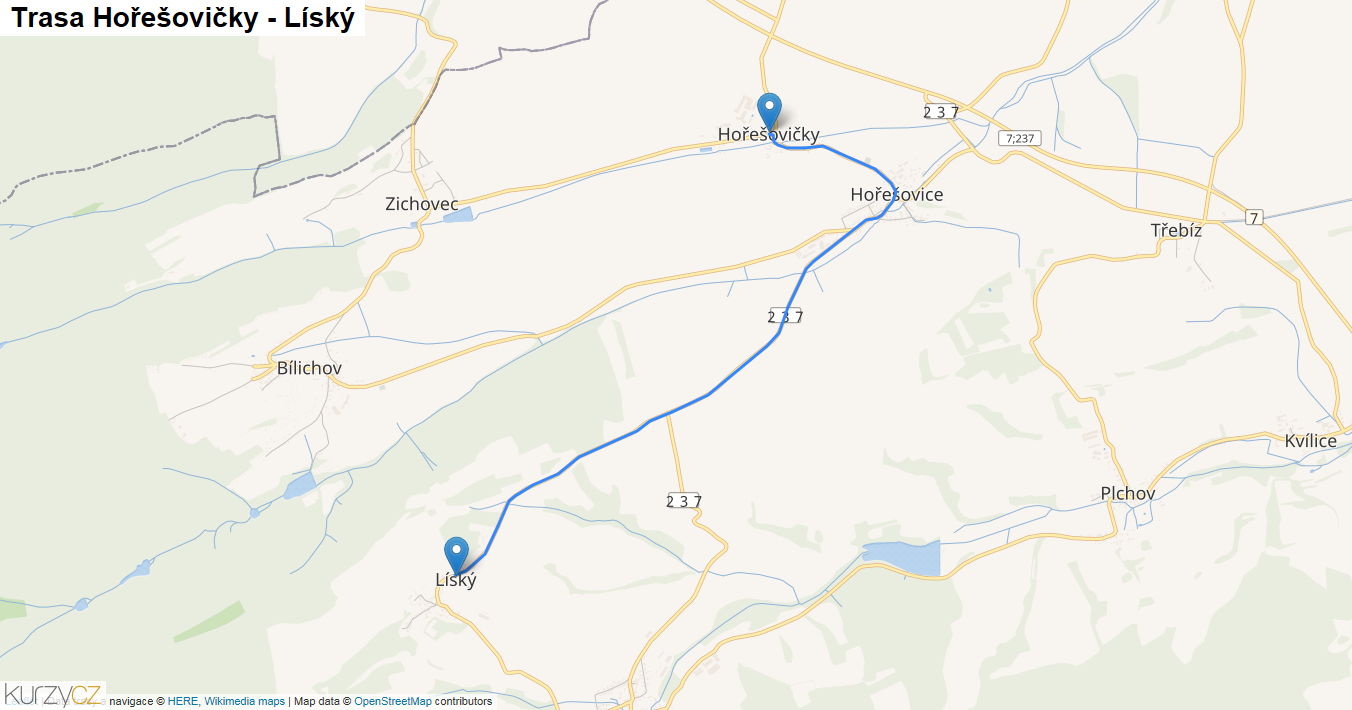 Hořešovičky-Líský, mapa trasy