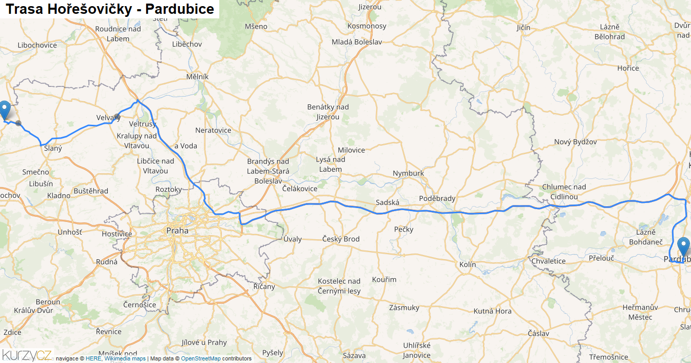 Hořešovičky-Pardubice, mapa trasy