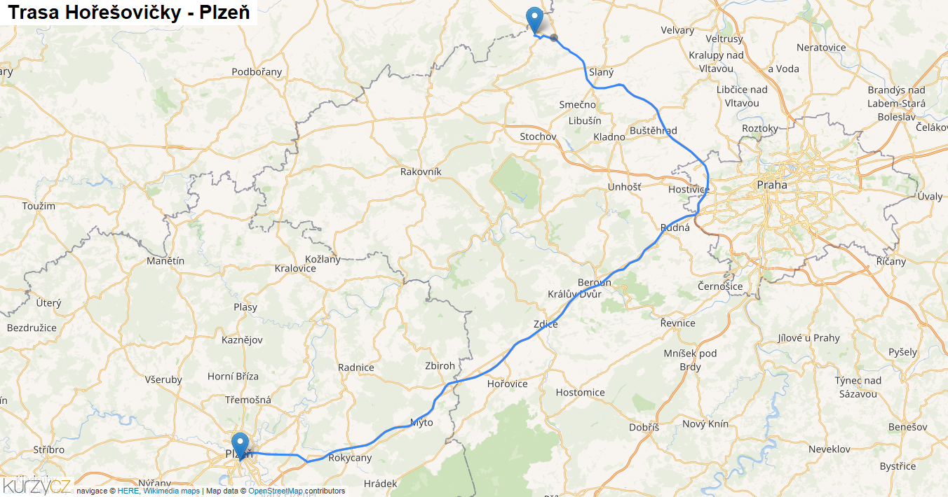 Hořešovičky-Plzeň, mapa trasy