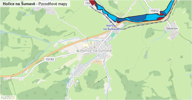 Hořice na Šumavě - záplavové mapy stoleté vody