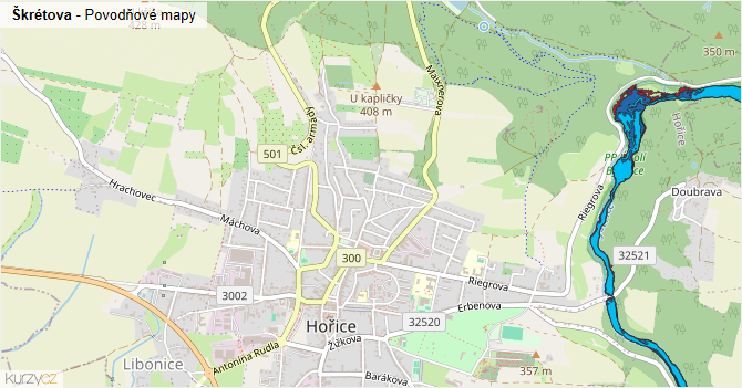 Škrétova - záplavové mapy stoleté vody