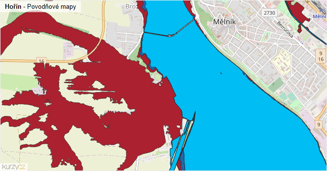Hořín - záplavové mapy stoleté vody