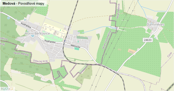 Medová - záplavové mapy stoleté vody