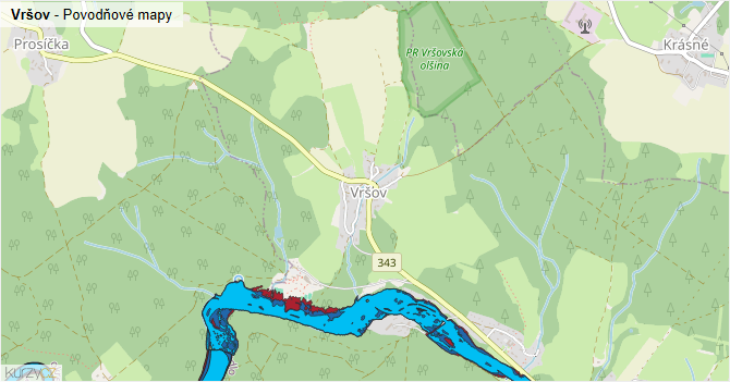 Vršov - záplavové mapy stoleté vody