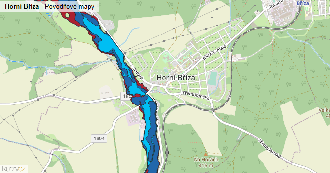 Horní Bříza - záplavové mapy stoleté vody