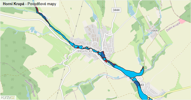 Horní Krupá - záplavové mapy stoleté vody