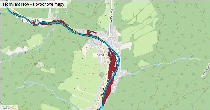 Horní Maršov - záplavové mapy stoleté vody