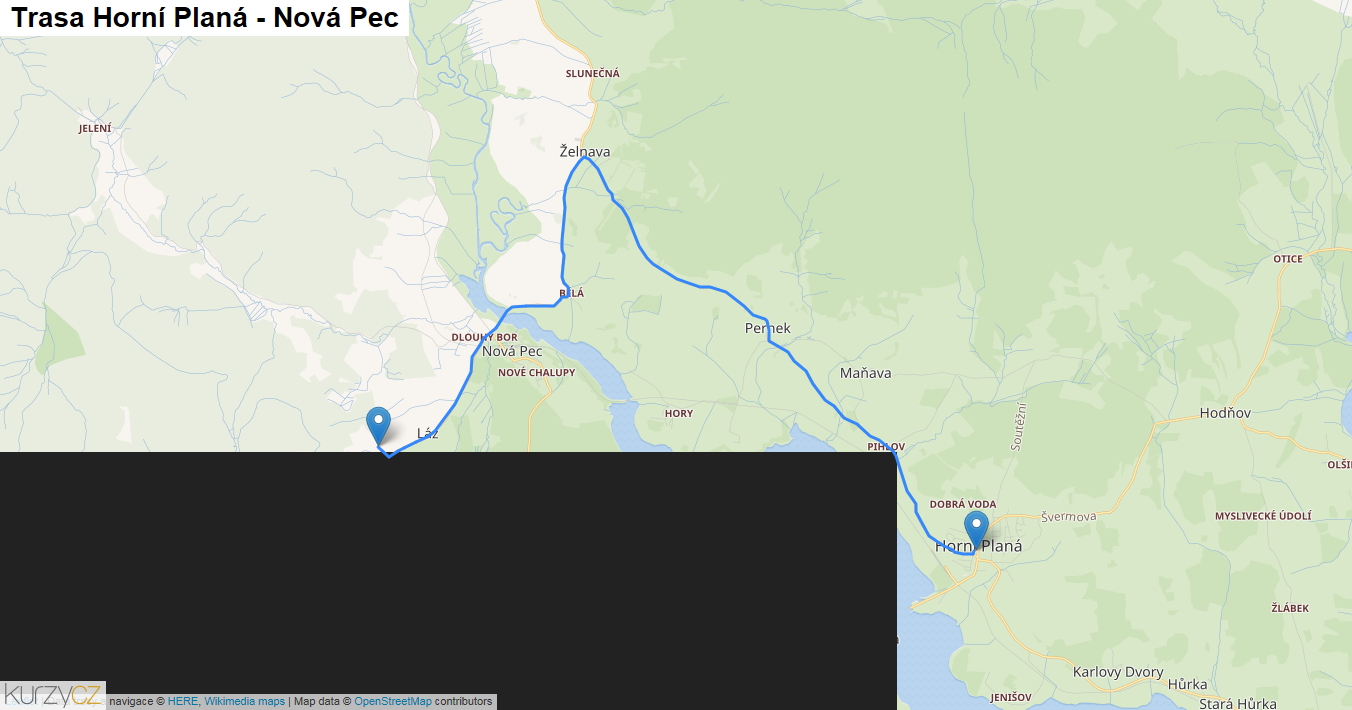 Horní Planá-Nová Pec, mapa trasy