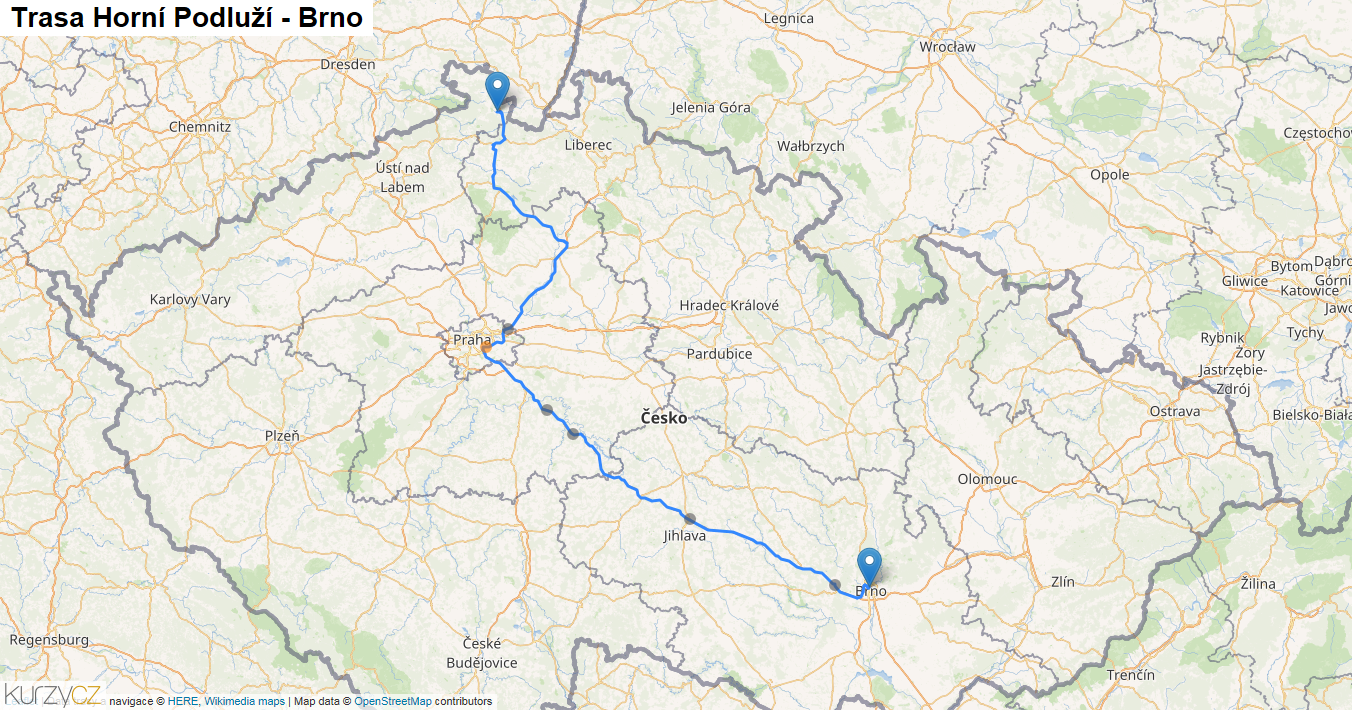 Horní Podluží-Brno, mapa trasy