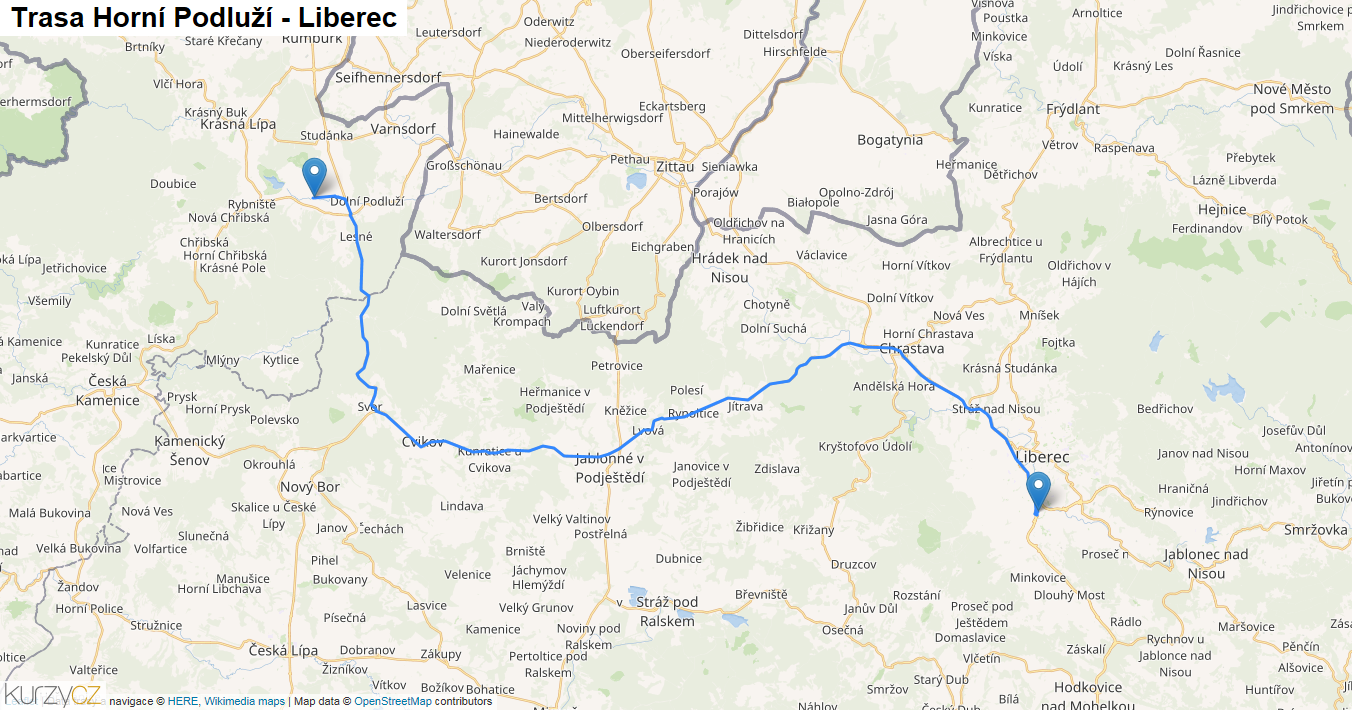 Horní Podluží-Liberec, mapa trasy