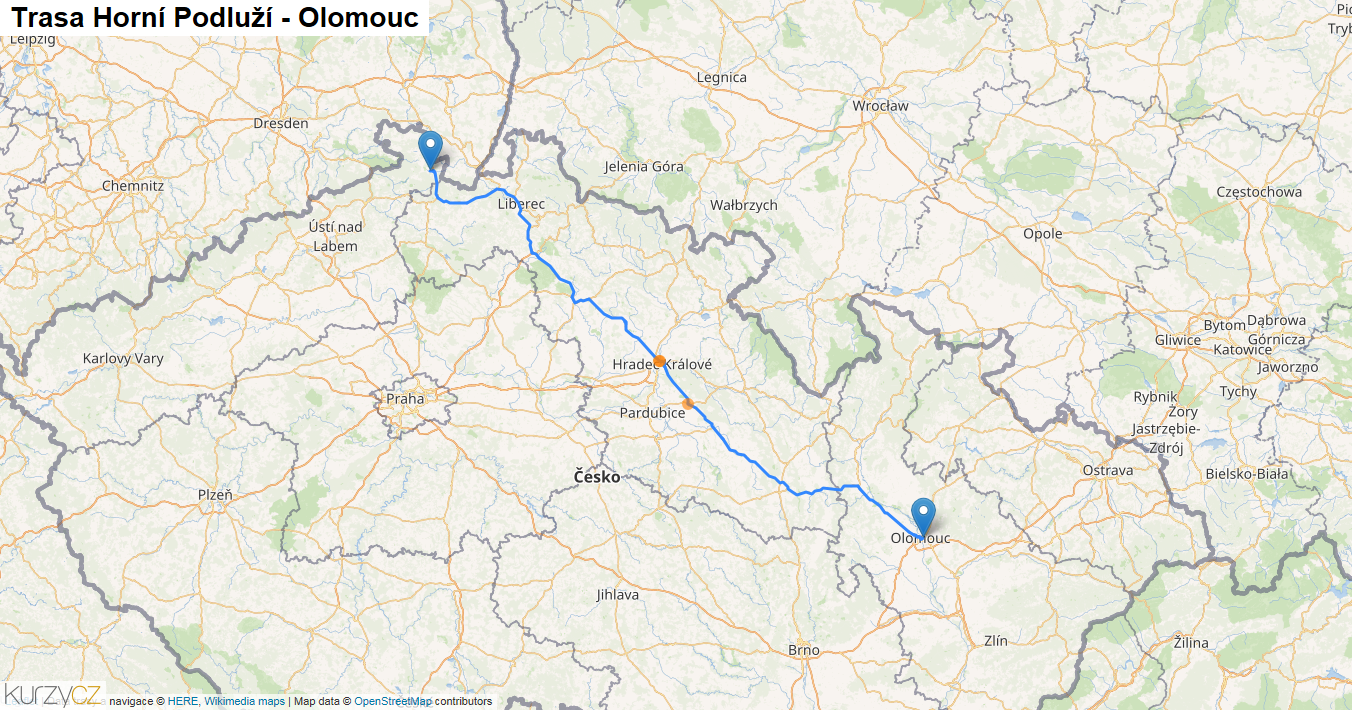 Horní Podluží-Olomouc, mapa trasy
