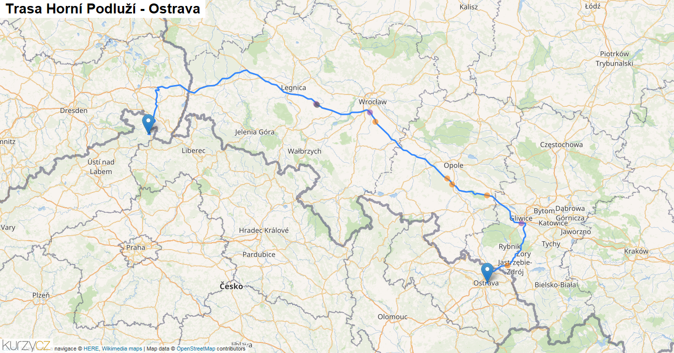 Horní Podluží-Ostrava, mapa trasy