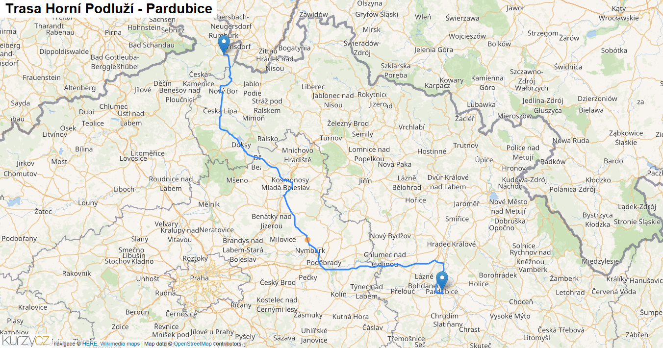 Horní Podluží-Pardubice, mapa trasy