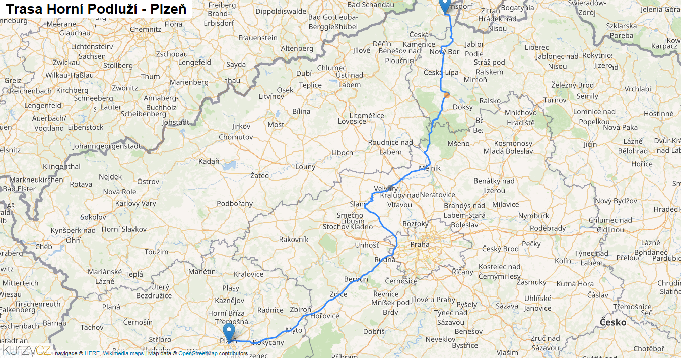 Horní Podluží-Plzeň, mapa trasy