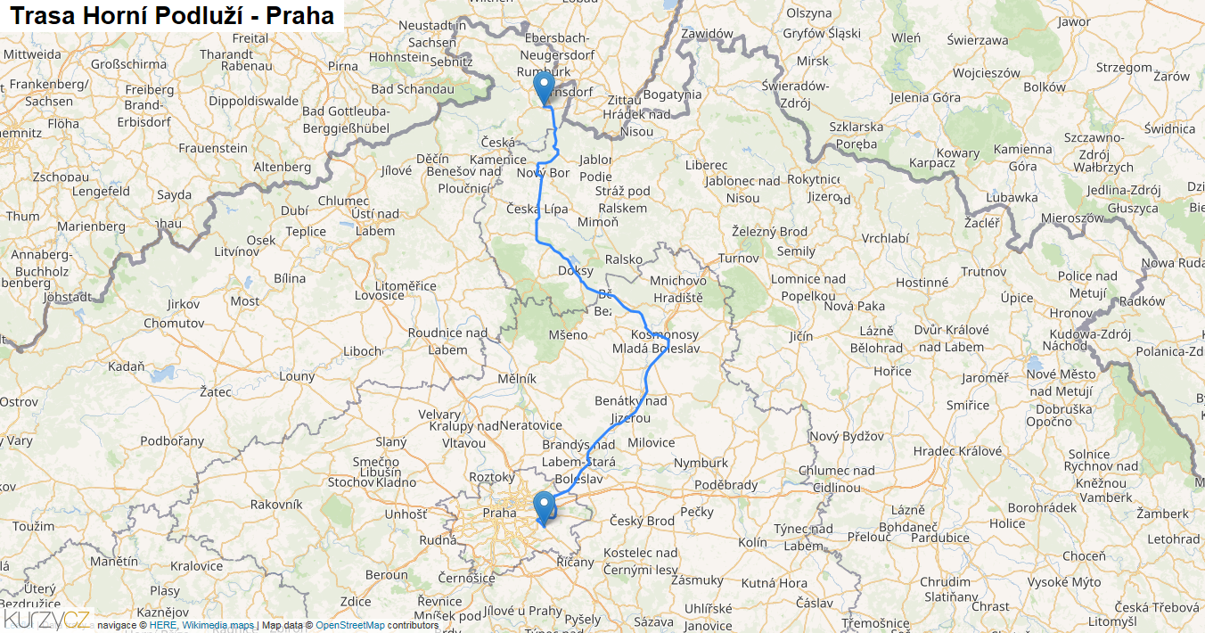 Horní Podluží-Praha, mapa trasy