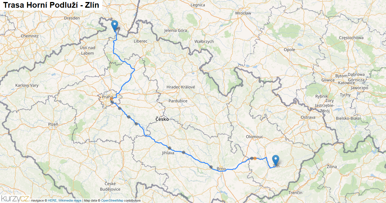 Horní Podluží-Zlín, mapa trasy