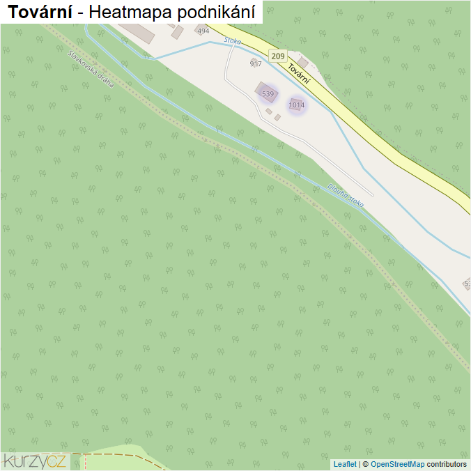 Mapa Tovární - Firmy v ulici.