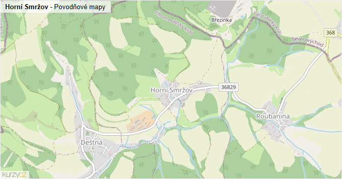 Horní Smržov - záplavové mapy stoleté vody
