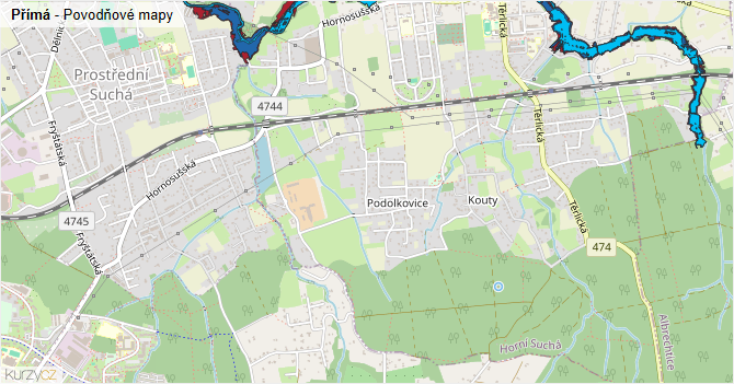 Přímá - záplavové mapy stoleté vody