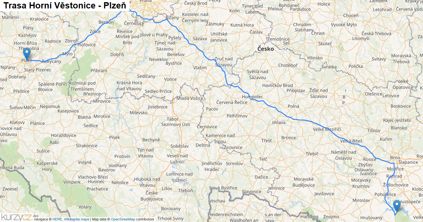 Horní Věstonice-Plzeň, mapa trasy