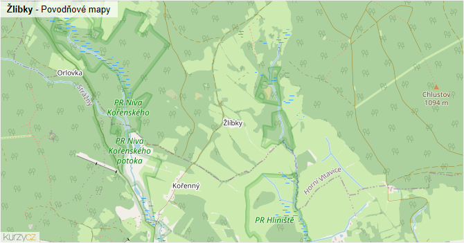 Žlíbky - záplavové mapy stoleté vody
