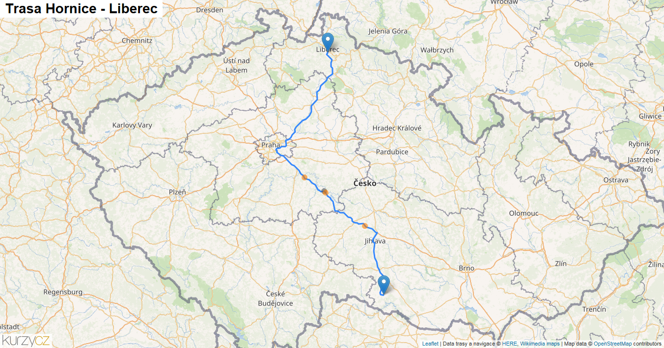 Hornice-Liberec, mapa trasy