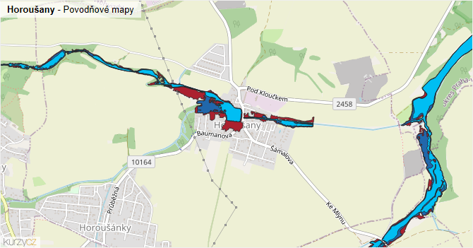 Horoušany - záplavové mapy stoleté vody
