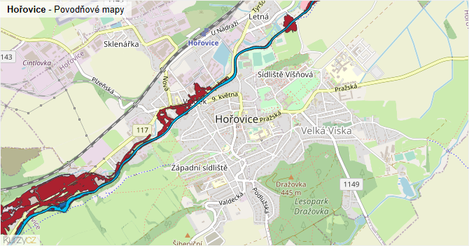 Hořovice - záplavové mapy stoleté vody
